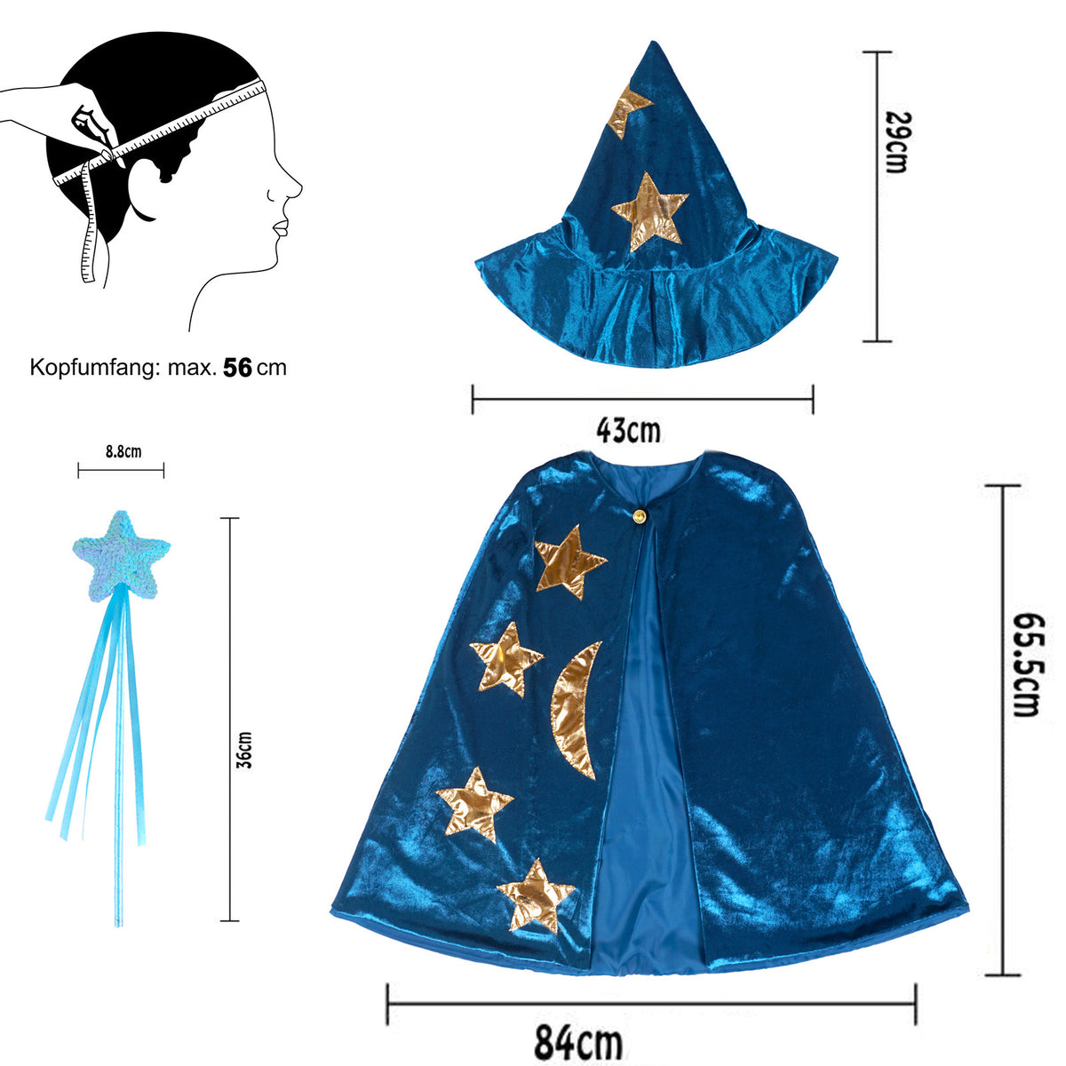 Wizard - Kids' Costume Set with Cape, Hat and Wand - Ages 6–14 - CoolChange