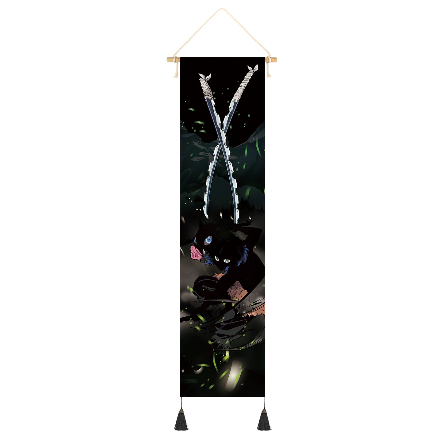 Kimetsu no Yaiba Rollbild aus Stoff mit Schattenriss & Katana, Demon Slayer Kakemono 142x33cm, Inkl. Haken, Motive: Zenitsu, Giyu, Tanjiro & Nezuko, Kyojuro, Inosuke