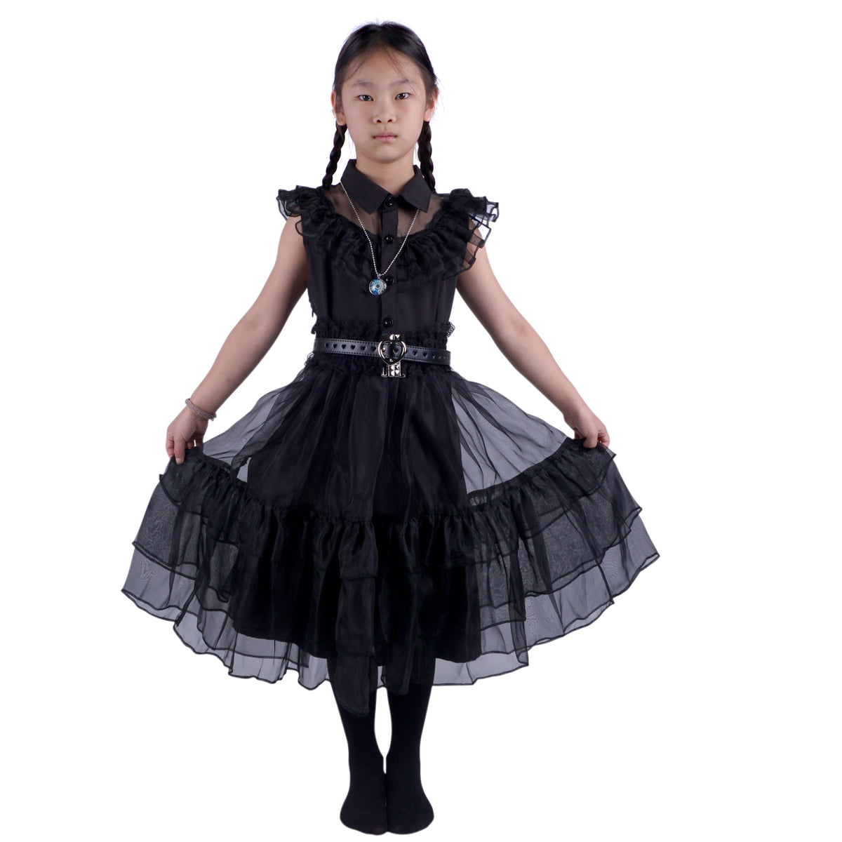 Wednesday Addams Ballkleid vom Rabentanz für Mädchen, Wednesday Kinder Kostüm, Inkl. Halskette, Größe: 128 - 152
