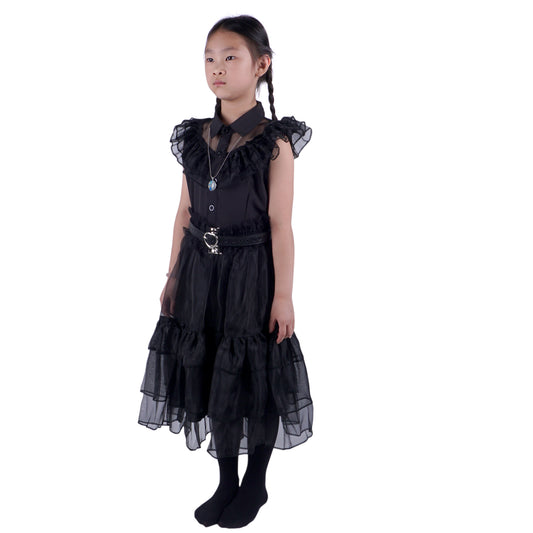Wednesday Addams Ballkleid vom Rabentanz für Mädchen, Wednesday Kinder Kostüm, Inkl. Halskette, Größe: 128 - 152