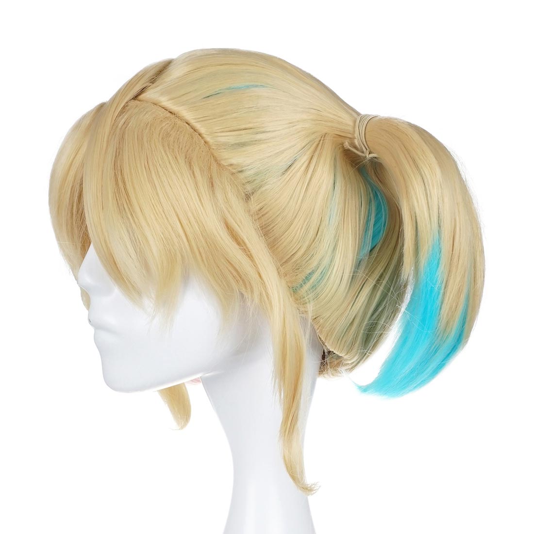 Harley Quinn - Cosplay Perücke Blond mit seitlichen Zöpfen, Spitzen Pink und Hellblau - 25 cm - CosplayStudio