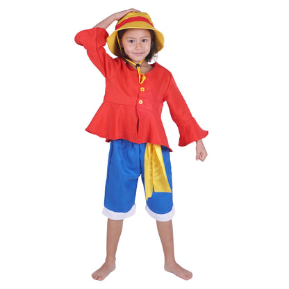 Monkey D. Ruffy Kinder Kostüm nach Zeitsprung, Jacke, Hose & Hut, 110 - 150