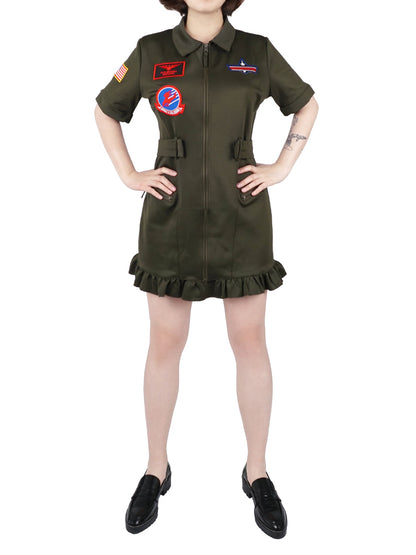 Fliegerkombi Kleid, Kampfpiloten Overall Damen Kostüm, Olivegrün, Größen: S - L