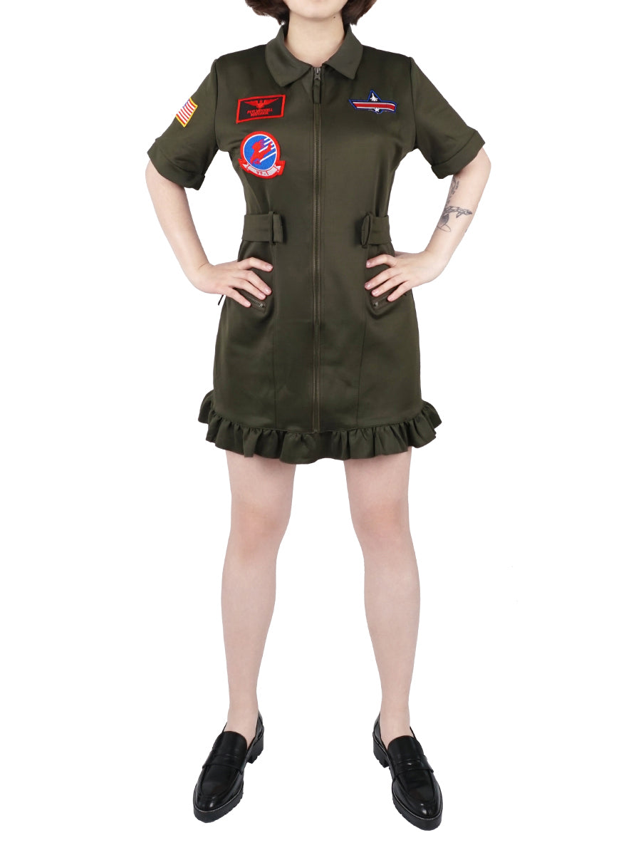Fliegerkombi Kleid, Kampfpiloten Overall Damen Kostüm, Olivegrün, Größen: S - L