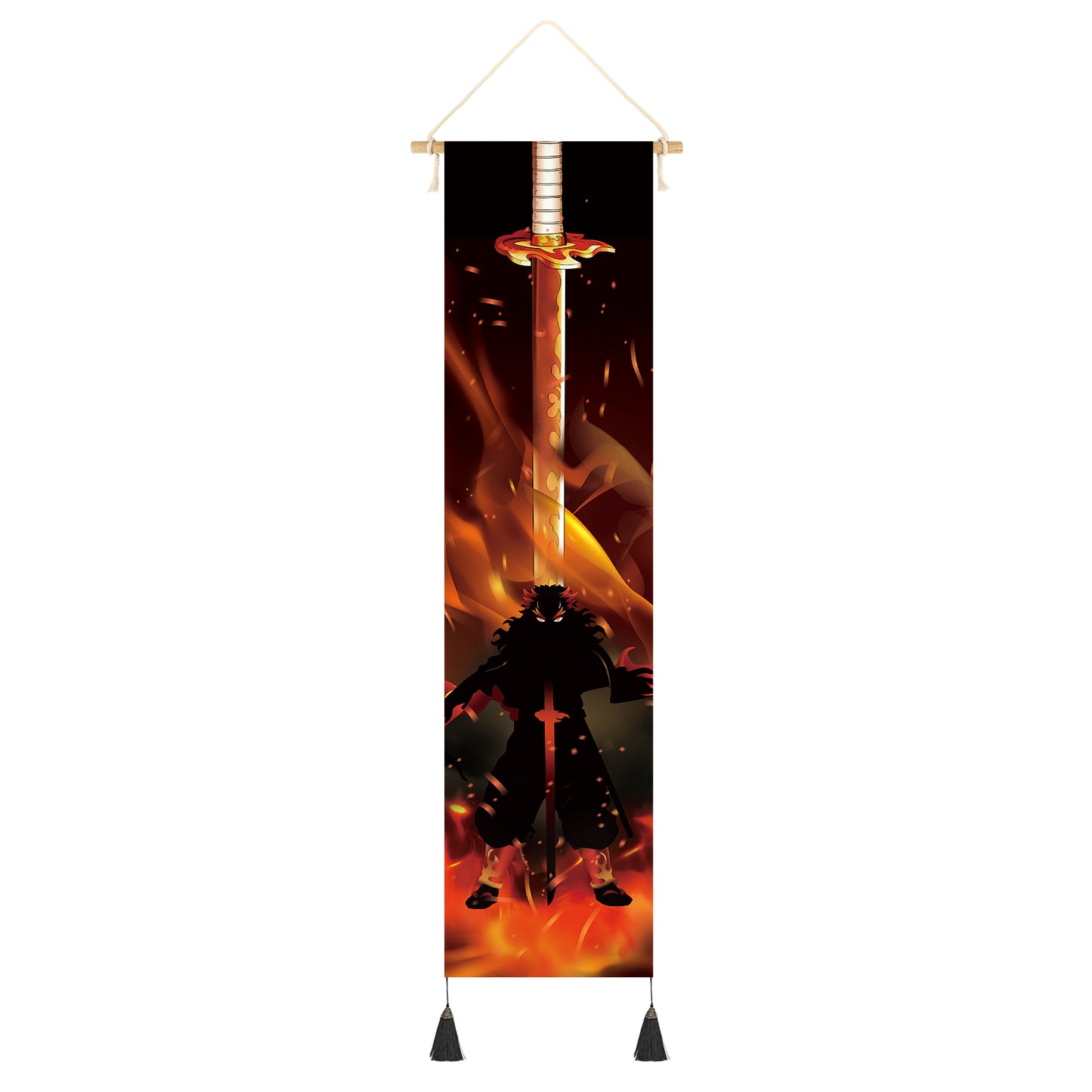 Kimetsu no Yaiba Rollbild aus Stoff mit Schattenriss & Katana, Demon Slayer Kakemono 142x33cm, Inkl. Haken, Motive: Zenitsu, Giyu, Tanjiro & Nezuko, Kyojuro, Inosuke