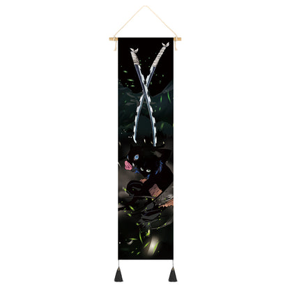 Kimetsu no Yaiba Rollbild aus Stoff mit Schattenriss & Katana, Demon Slayer Kakemono 142x33cm, Inkl. Haken, Motive: Zenitsu, Giyu, Tanjiro & Nezuko, Kyojuro, Inosuke