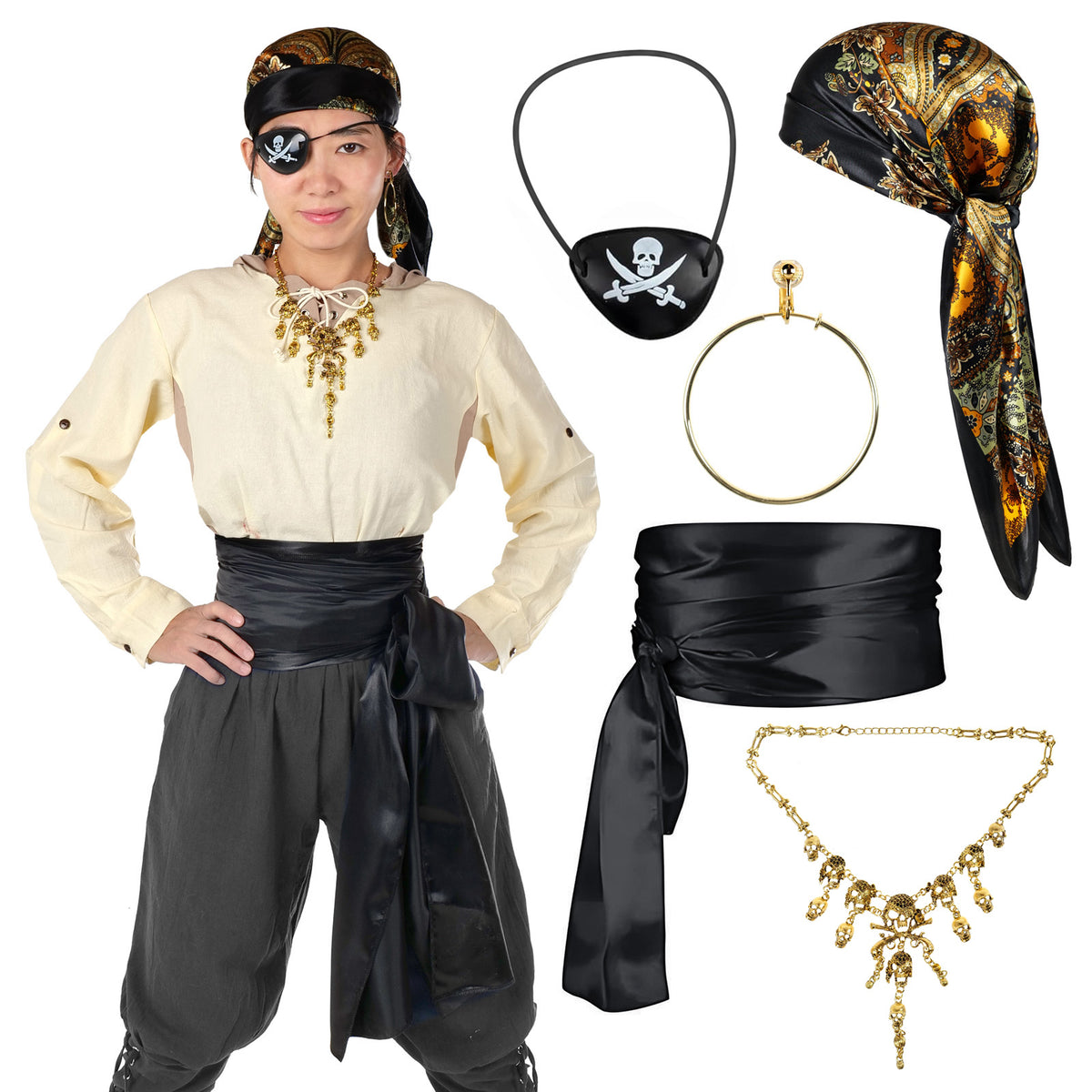 Pirat - Kostüm Set mit Satin-Schärpe, Kopftuch & goldener Halskette - Rot oder Schwarz - CoolChange