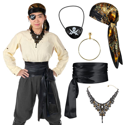 Pirat - Kostüm Set mit Satin-Schärpe, Kopftuch & Totenkopf-Spitzenhalskette - Rot oder Schwarz - CoolChange