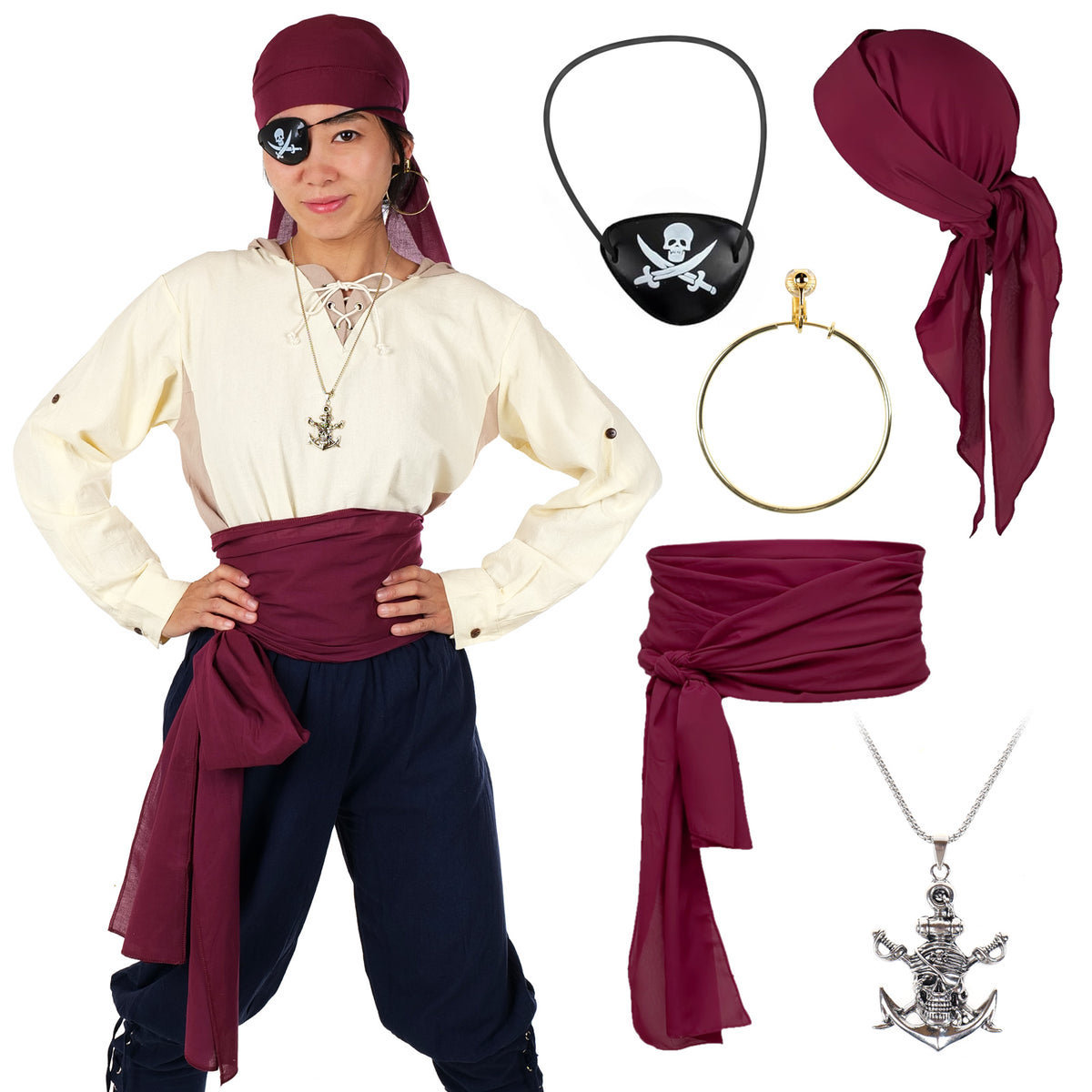 Pirat - Kostüm Set mit Kopftuch, Schärpe, Augenklappe & Totenkopf-Kette - Rot, Schwarz, Weinrot - CoolChange