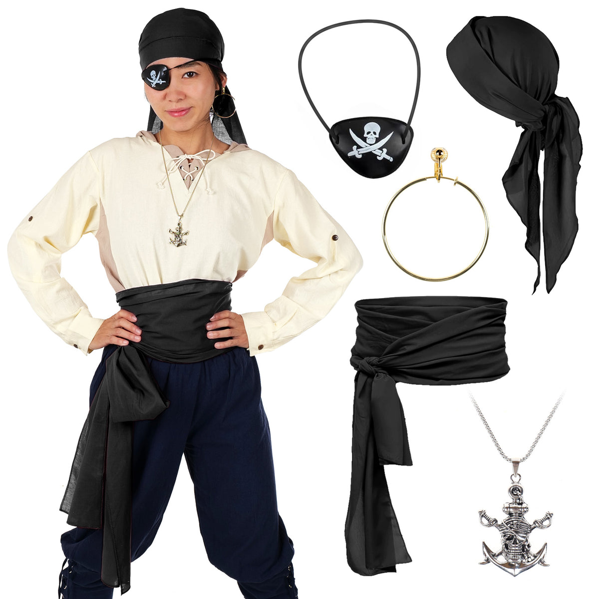Pirat - Kostüm Set mit Kopftuch, Schärpe, Augenklappe & Totenkopf-Kette - Rot, Schwarz, Weinrot - CoolChange