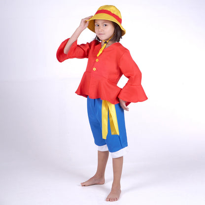 Monkey D. Ruffy Kinder Kostüm nach Zeitsprung, Jacke, Hose & Hut, 110 - 150