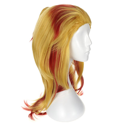 Cosplay Perücke von Kyojuro Rengoku für Kimetsu no Yaiba Fans, 60cm, Gelb-Rot mit Pferdeschwanz