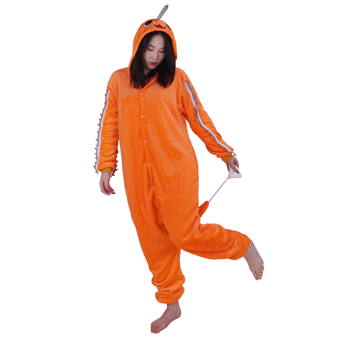 Pochita Kigurumi, Cosplay Kostüm für Chainsaw Man Fans, Pyjama Orange, Größe: M - L