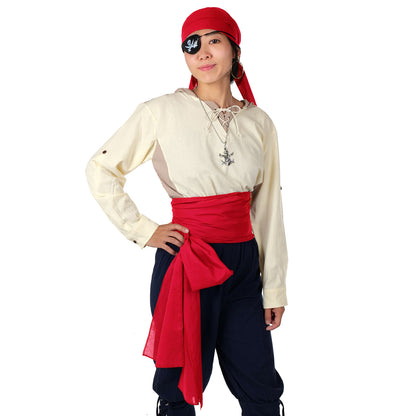 Pirat - Kostüm Set mit Kopftuch, Schärpe, Augenklappe & Totenkopf-Kette - Rot, Schwarz, Weinrot - CoolChange