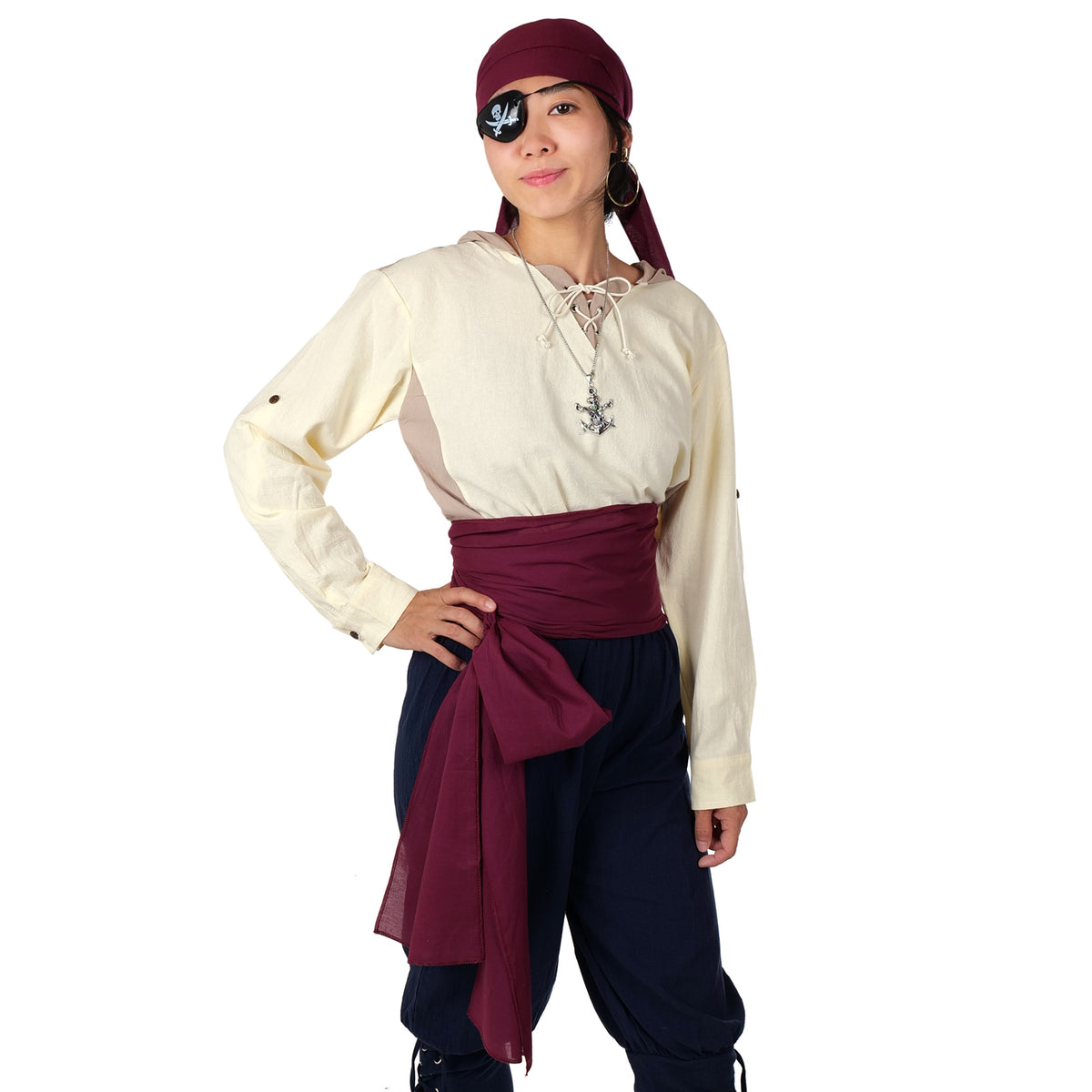 Pirat - Kostüm Set mit Kopftuch, Schärpe, Augenklappe & Totenkopf-Kette - Rot, Schwarz, Weinrot - CoolChange