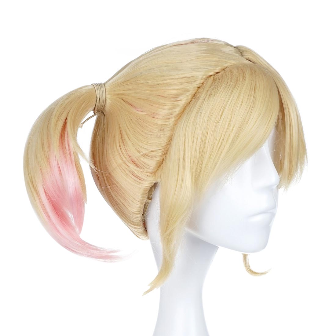 Harley Quinn - Cosplay Perücke Blond mit seitlichen Zöpfen, Spitzen Pink und Hellblau - 25 cm - CosplayStudio