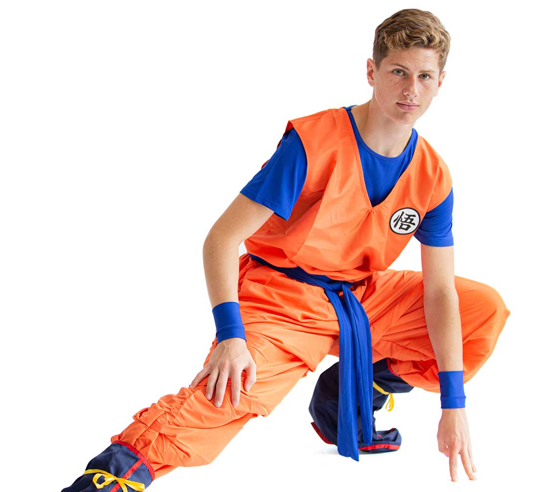 3-teiliges Cosplay Kostüm von Son Goku mit GO Zeichen, Größen: S - XL