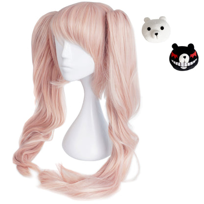 Perücke von Junko Enoshima für Danganronpa Fans, Cosplay Wig mit Monokuma Haarspangen, Rosa
