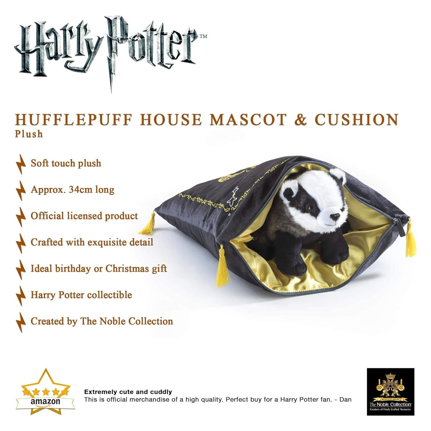 Harry Potter - Hufflepuff Hausmaskottchen Dachs - Kissen mit Plüschfigur Set - 34 x 34 cm - The Noble Collection