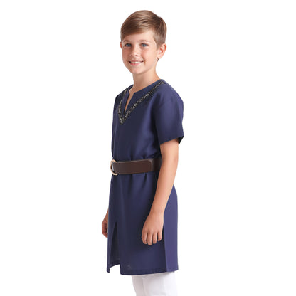 Wikinger - Kinder Tunika Kurzarm mit Ornamentkragen & Gürtel - Blau - Gr. 128–152 - CoolChange