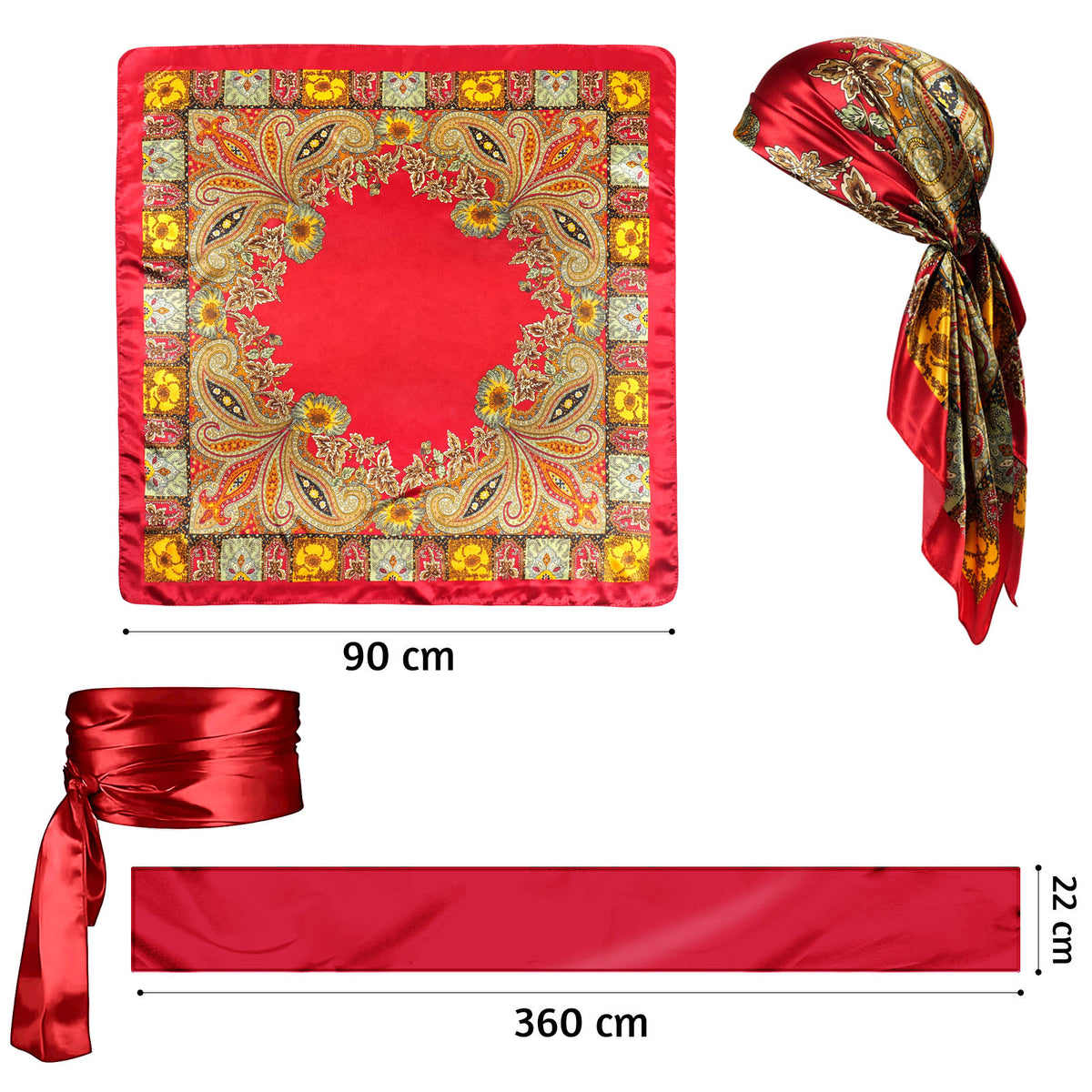 Pirat - Kostüm Set mit Satin-Schärpe, Kopftuch & goldener Halskette - Rot oder Schwarz - CoolChange