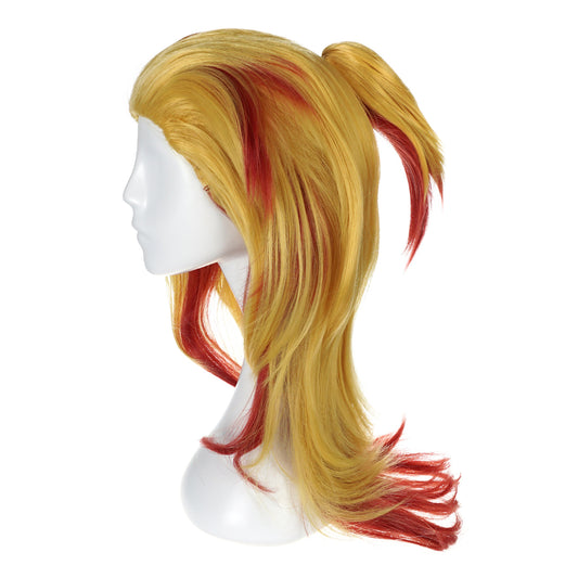 Cosplay Perücke von Kyojuro Rengoku für Kimetsu no Yaiba Fans, 60cm, Gelb-Rot mit Pferdeschwanz