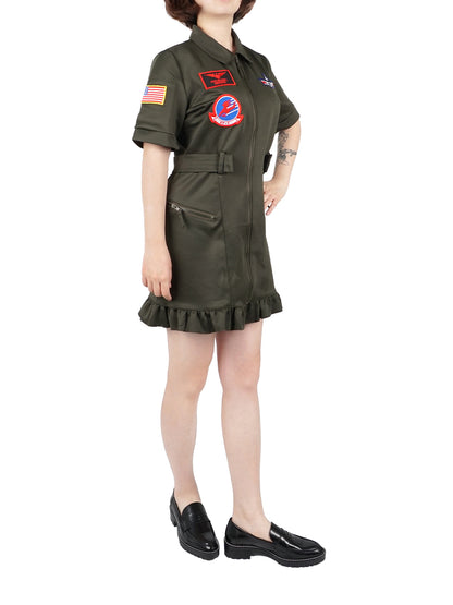 Fliegerkombi Kleid, Kampfpiloten Overall Damen Kostüm, Olivegrün, Größen: S - L