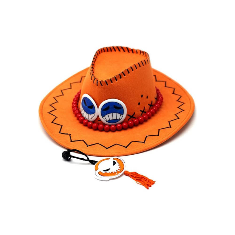 One Piece - Portgas D. Ace Cowboyhut – Cosplay Hut mit Perlenschnur und Smileys - 37 cm