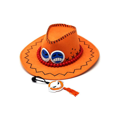 One Piece - Portgas D. Ace Cowboyhut – Cosplay Hut mit Perlenschnur und Smileys - 37 cm