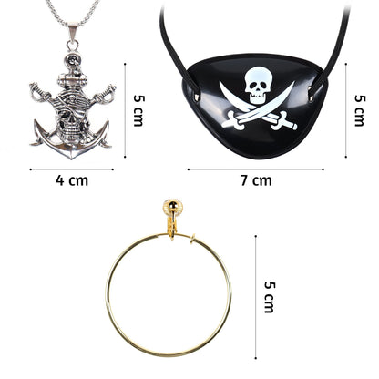 Pirat - Kostüm Set mit Kopftuch, Schärpe, Augenklappe & Totenkopf-Kette - Rot, Schwarz, Weinrot - CoolChange