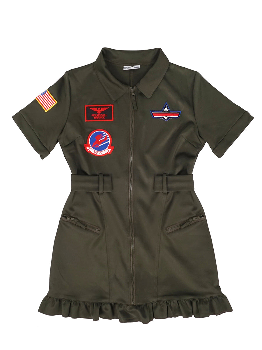 Fliegerkombi Kleid, Kampfpiloten Overall Damen Kostüm, Olivegrün, Größen: S - L
