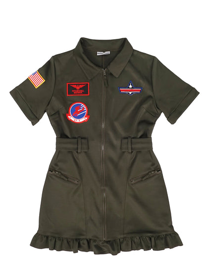 Fliegerkombi Kleid, Kampfpiloten Overall Damen Kostüm, Olivegrün, Größen: S - L