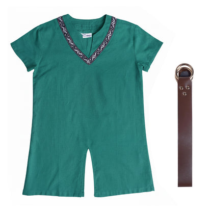Wikinger - Kinder Tunika Kurzarm mit Ornamentkragen & Gürtel - Grün - Gr. 128–152 - CoolChange