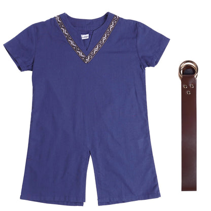 Wikinger - Kinder Tunika Kurzarm mit Ornamentkragen & Gürtel - Blau - Gr. 128–152 - CoolChange