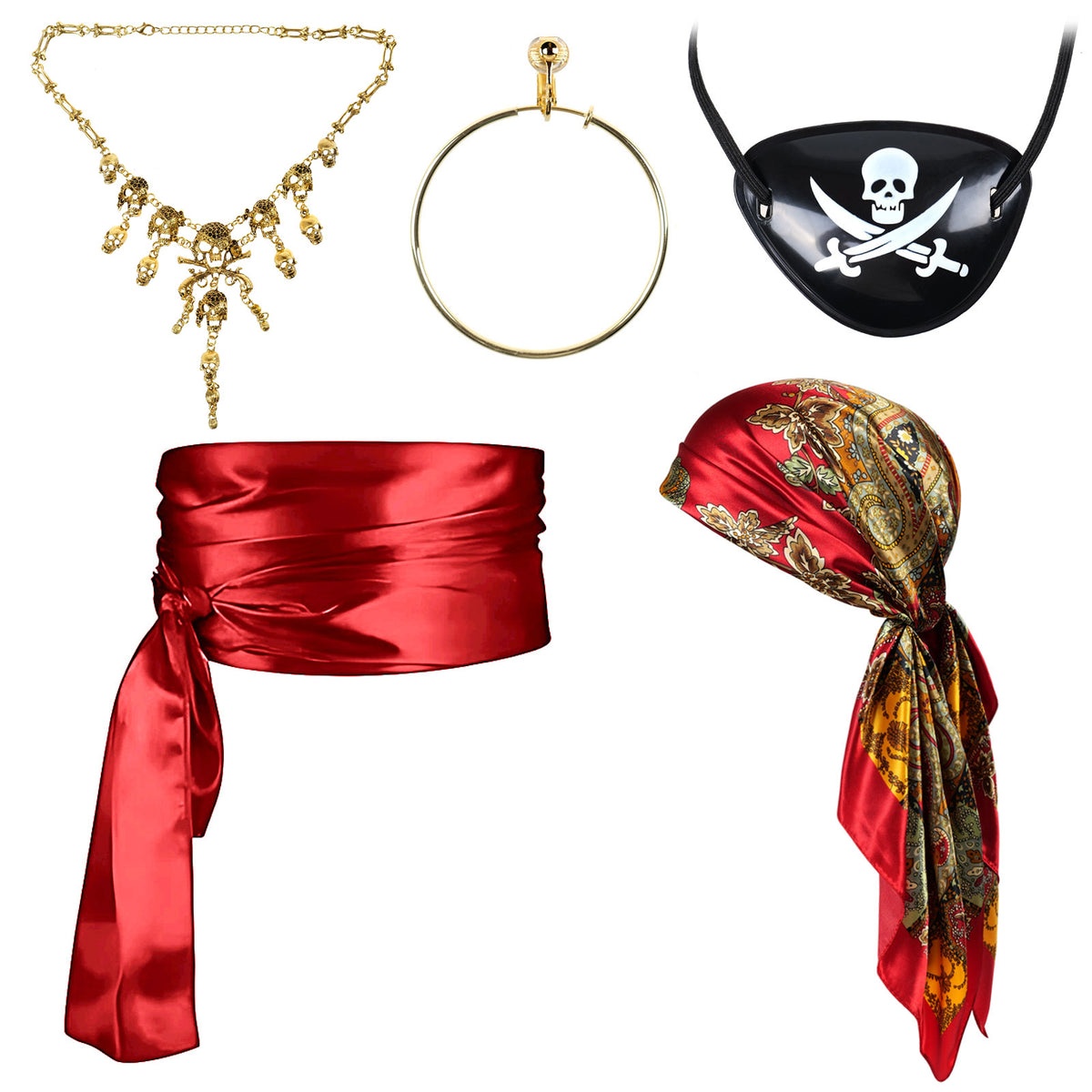 Pirat - Kostüm Set mit Satin-Schärpe, Kopftuch & goldener Halskette - Rot oder Schwarz - CoolChange