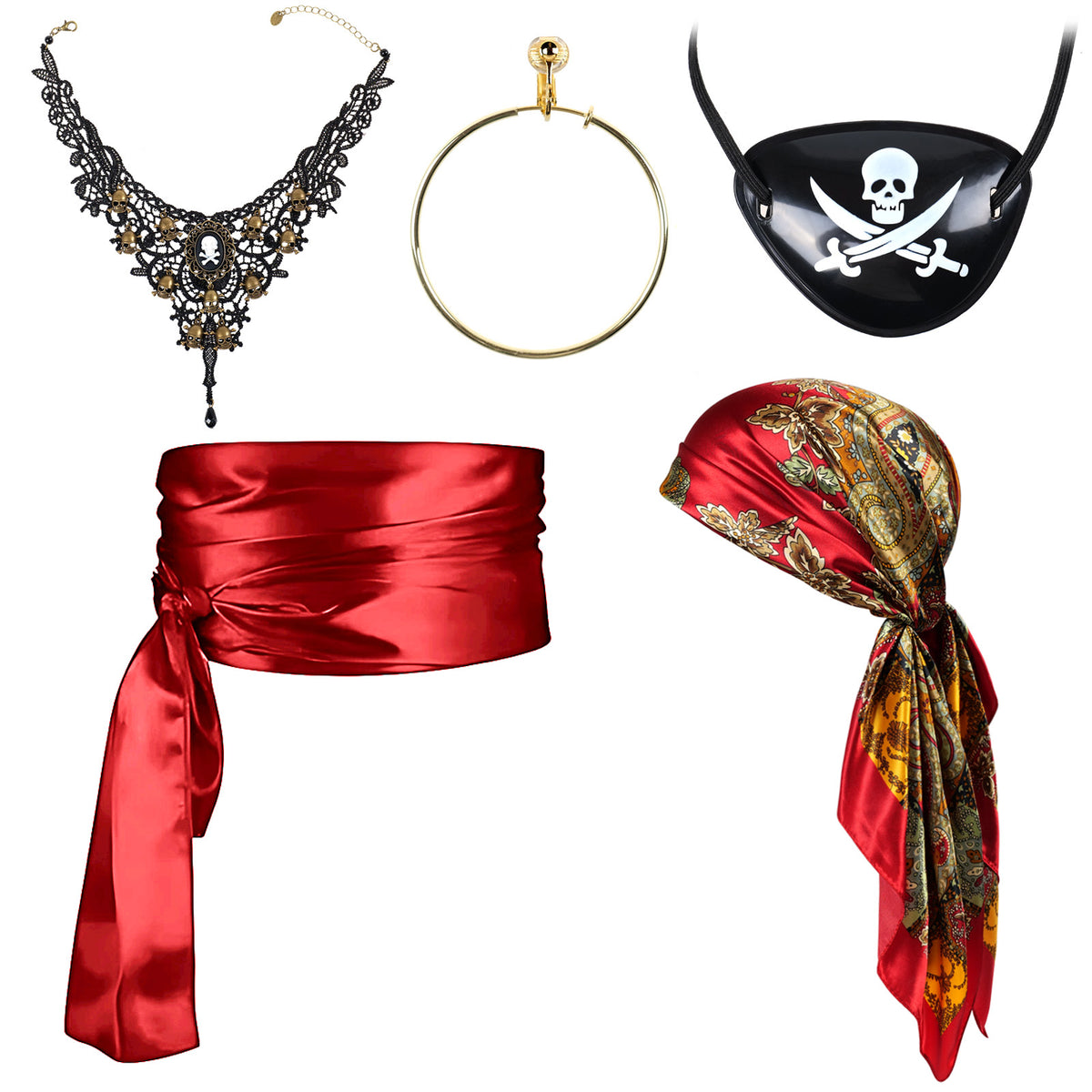 Pirat - Kostüm Set mit Satin-Schärpe, Kopftuch & Totenkopf-Spitzenhalskette - Rot oder Schwarz - CoolChange