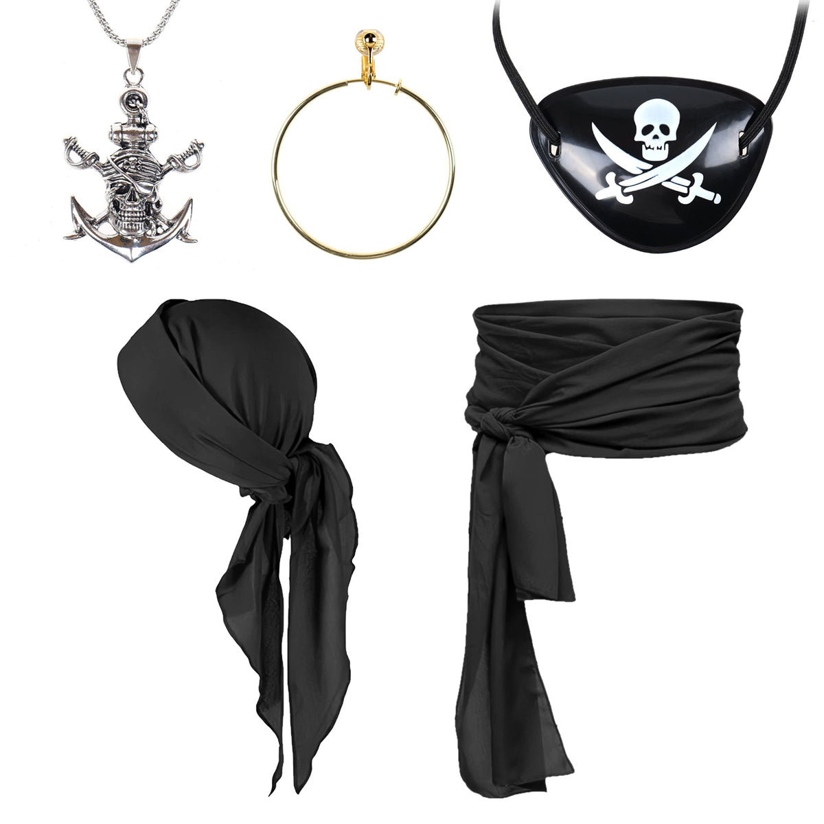 Pirat - Kostüm Set mit Kopftuch, Schärpe, Augenklappe & Totenkopf-Kette - Rot, Schwarz, Weinrot - CoolChange