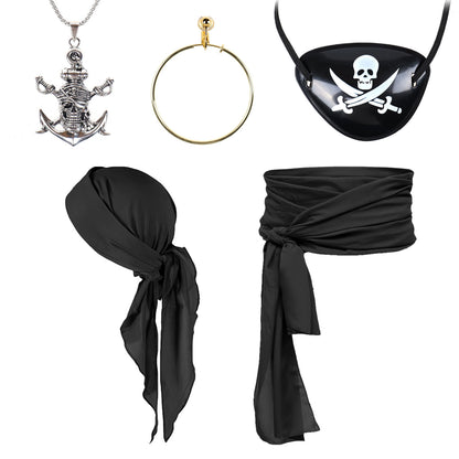 Pirat - Kostüm Set mit Kopftuch, Schärpe, Augenklappe & Totenkopf-Kette - Rot, Schwarz, Weinrot - CoolChange