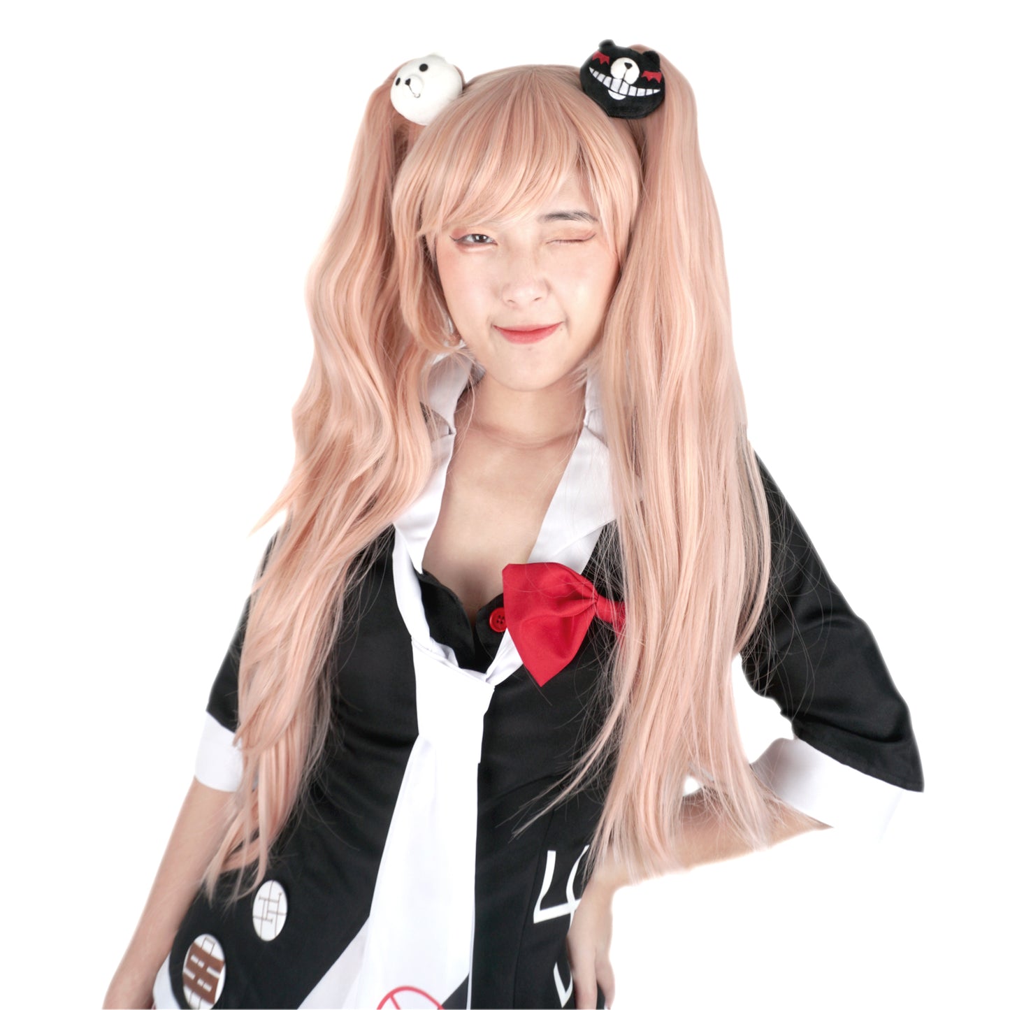 Perücke von Junko Enoshima für Danganronpa Fans, Cosplay Wig mit Monokuma Haarspangen, Rosa