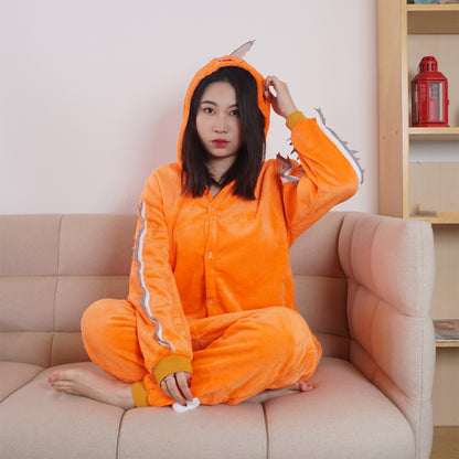 Pochita Kigurumi, Cosplay Kostüm für Chainsaw Man Fans, Pyjama Orange, Größe: M - L