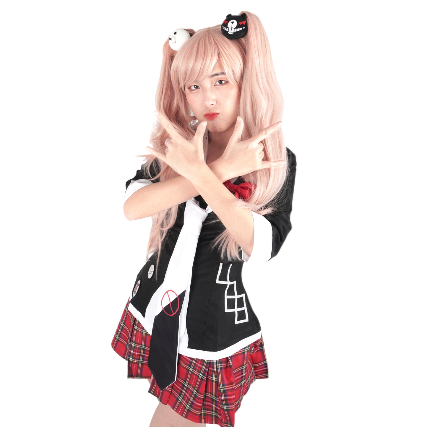 Perücke von Junko Enoshima für Danganronpa Fans, Cosplay Wig mit Monokuma Haarspangen, Rosa